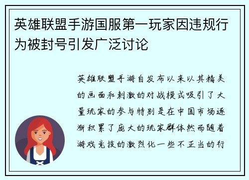 英雄联盟手游国服第一玩家因违规行为被封号引发广泛讨论